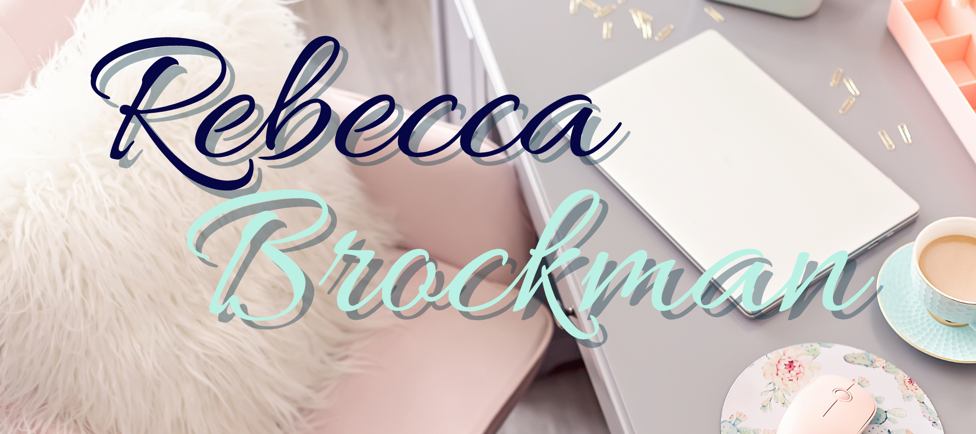 Styled photo of feminine desk with pink desk chair and white faux fur pillow.  Desktop has a closed white laptop and dainty pastel blue teacup and saucer.  